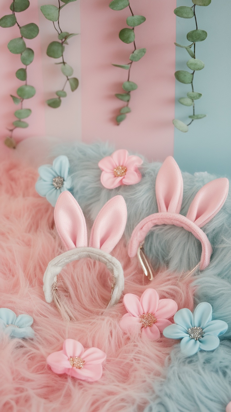 Two bunny ear hair clips on a fluffy pastel backdrop with flowers.