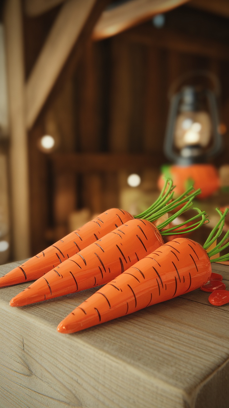 Carrot treat bags resembling carrots with green tops, placed on a wooden surface.