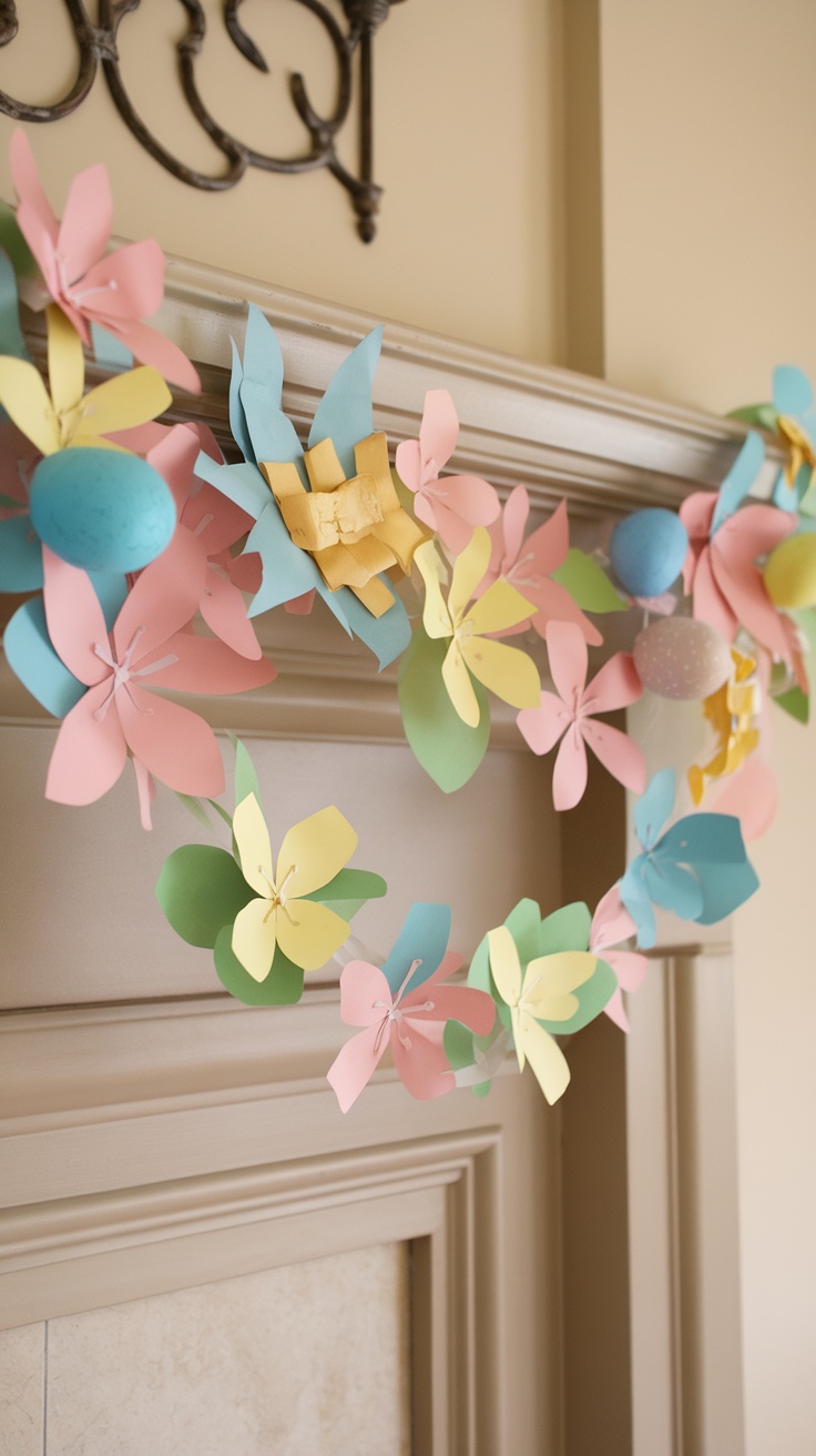 A colorful spring garland made of paper flowers and pastel eggs, decorating a mantel.