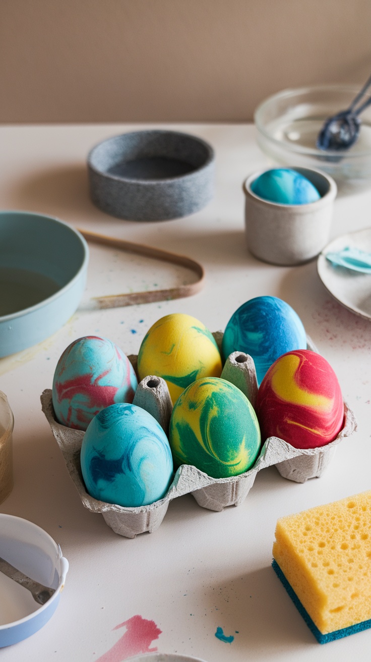 A vibrant display of tie-dye Easter eggs in an egg carton, with bowls and tools for crafting.