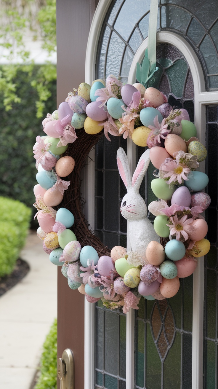 A colorful Easter-themed wreath made of pastel eggs and flowers, featuring a bunny figure.