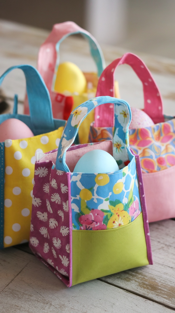 Colorful fabric bags filled with Easter eggs.