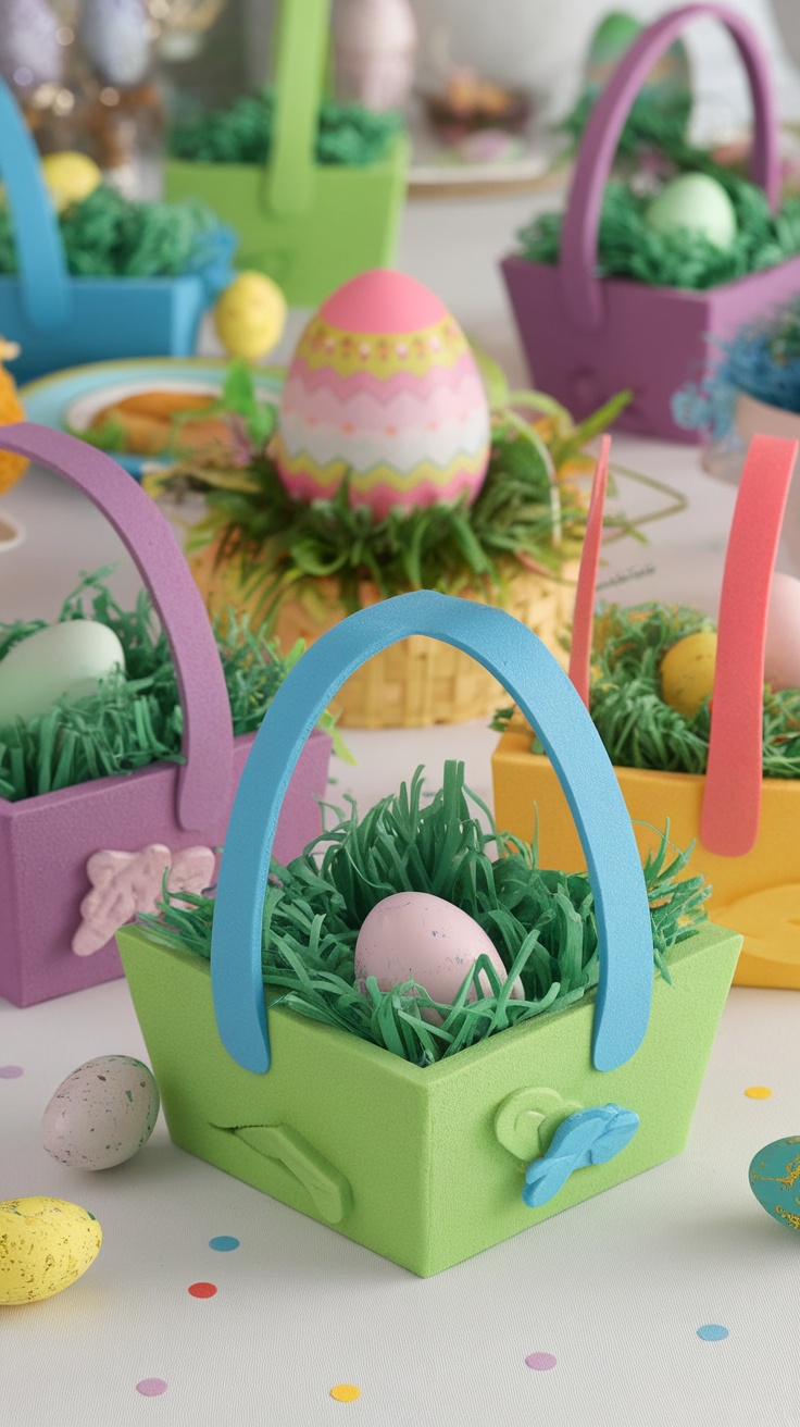 Colorful foam Easter baskets filled with grass and eggs, perfect for Easter decor.