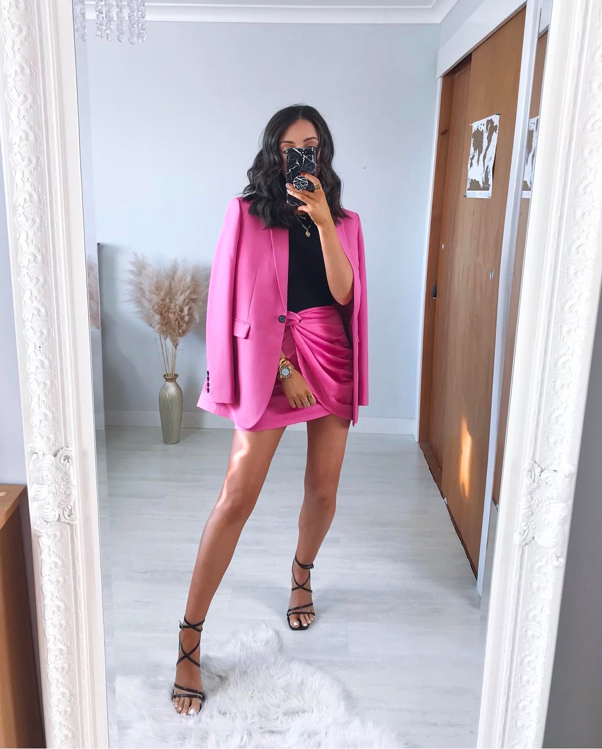 pink blazer and skirt valentine's day outfit