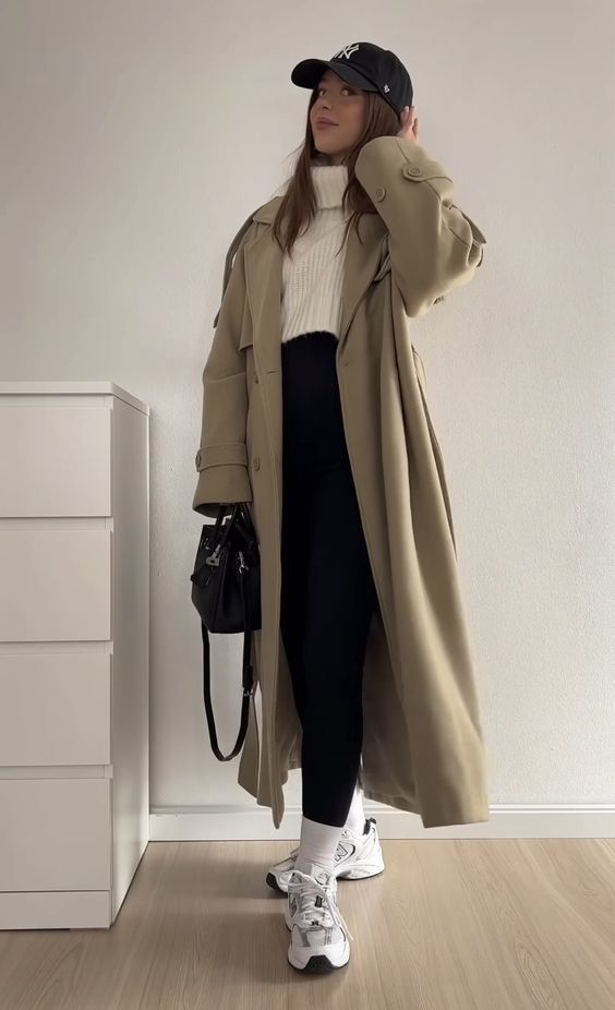 long trench coat and new balance 530 sneakers