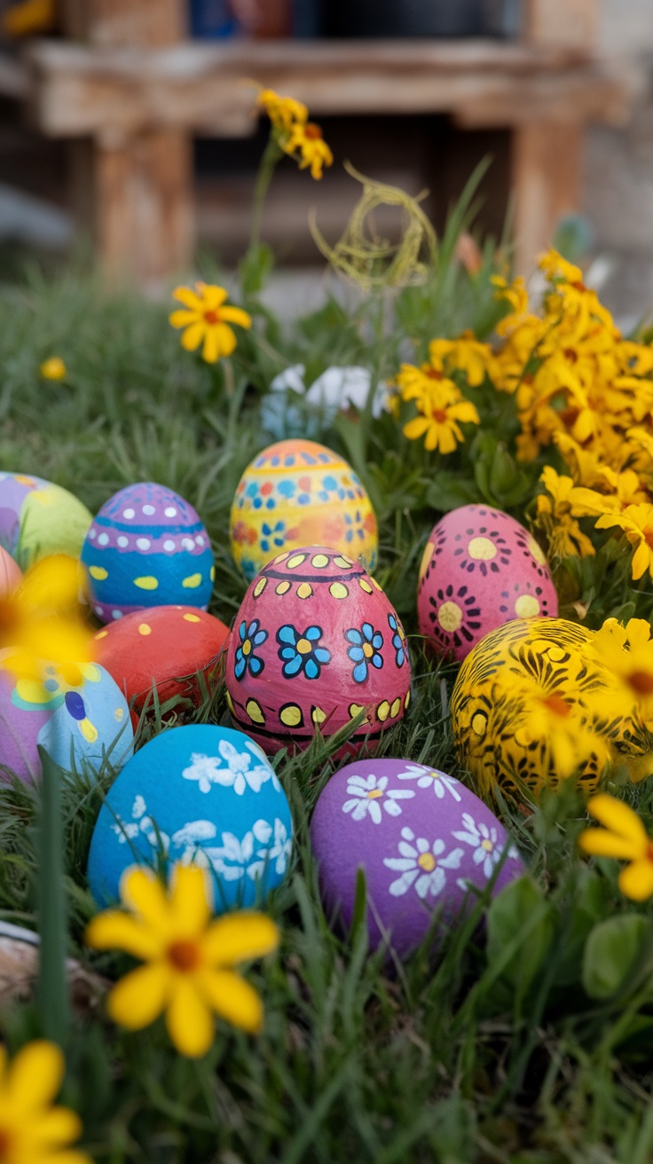 Colorful painted rocks resembling Easter eggs in grass surrounded by yellow flowers.