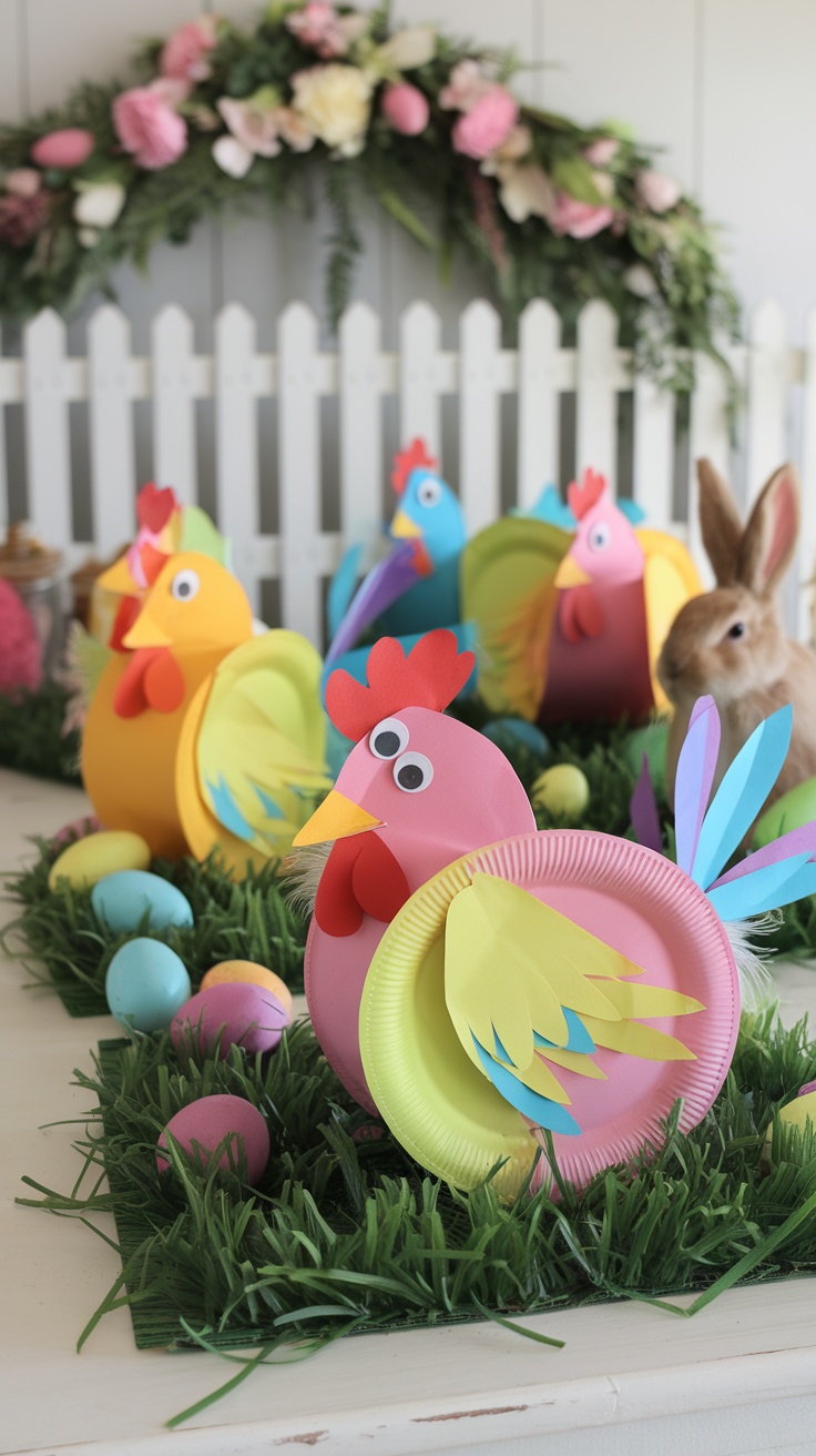 Colorful paper plate chickens decorated for Easter