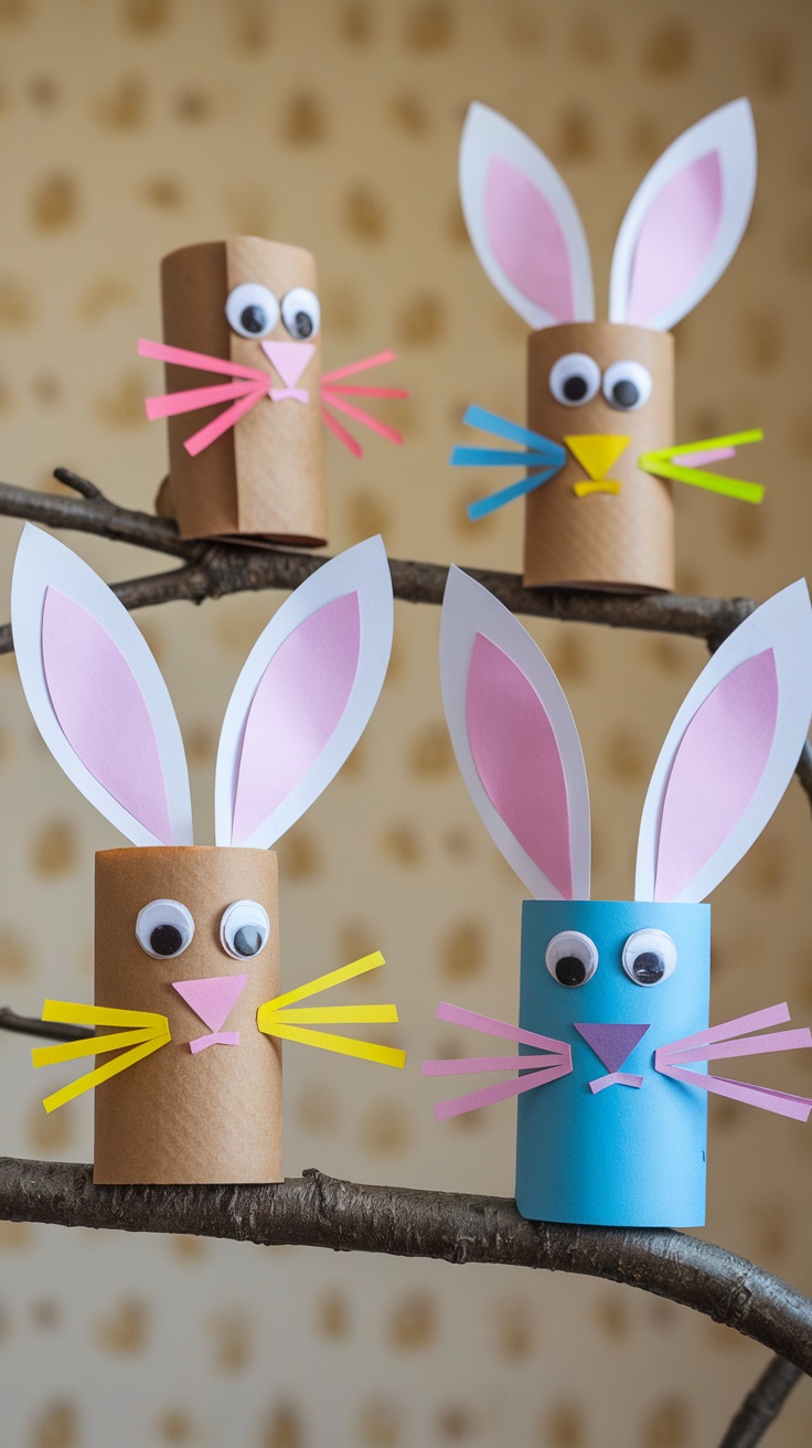 Colorful toilet paper roll bunnies with googly eyes and paper ears sitting on a branch