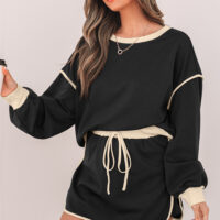 Black Color Contrast Loose Pullover and Lace-up Waist Skort Set - Image 12