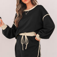 Black Color Contrast Loose Pullover and Lace-up Waist Skort Set - Image 11