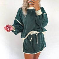 Evergreen Color Contrast Loose Pullover and Lace-up Waist Skort Set - Image 3