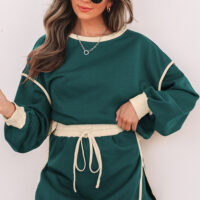 Evergreen Color Contrast Loose Pullover and Lace-up Waist Skort Set - Image 9