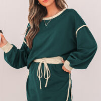 Evergreen Color Contrast Loose Pullover and Lace-up Waist Skort Set - Image 11