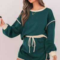 Evergreen Color Contrast Loose Pullover and Lace-up Waist Skort Set - Image 12