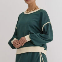 Evergreen Color Contrast Loose Pullover and Lace-up Waist Skort Set - Image 7