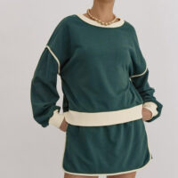 Evergreen Color Contrast Loose Pullover and Lace-up Waist Skort Set - Image 4