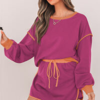 Rose Red Color Contrast Loose Pullover and Lace-up Waist Skort Set - Image 11