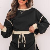 Black Color Contrast Loose Pullover and Lace-up Waist Skort Set - Image 9