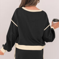 Black Color Contrast Loose Pullover and Lace-up Waist Skort Set - Image 10