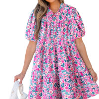 Pink Floral Collared Half Placket Short Sleeve Loose Dress - Image 18