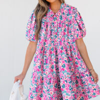 Pink Floral Collared Half Placket Short Sleeve Loose Dress - Image 3