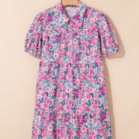 Pink Floral Collared Half Placket Short Sleeve Loose Dress - Image 4