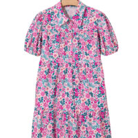Pink Floral Collared Half Placket Short Sleeve Loose Dress - Image 19