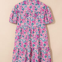 Pink Floral Collared Half Placket Short Sleeve Loose Dress - Image 5