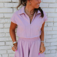 Orchid Bouquet Short Sleeve Zipper Collared Elastic High Waist Romper - Image 3