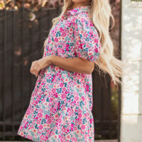 Pink Floral Collared Half Placket Short Sleeve Loose Dress - Image 11
