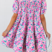 Pink Floral Collared Half Placket Short Sleeve Loose Dress - Image 2