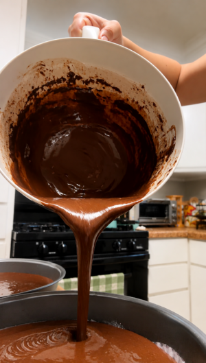 chocolate cake batter in cake pans