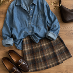 denim and plaid fall outfit nancy meyers